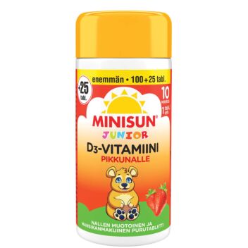 MINISUN D-VITAMIINI 10 MIKROG JUNIOR NALLE PURUTABL MANSIKKA KAMPANJAPAKKAUS 100+25 kpl