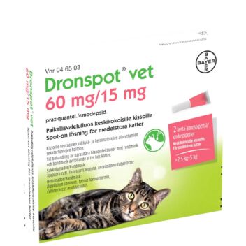 DRONSPOT VET 60/15 mg PAIKALLISVALELULIUOS KESKIKOKOISILLE KISSOILLE 2x0,7 ml