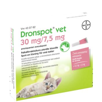 DRONSPOT VET 30/7,5 mg PAIKALLISVALELULIUOS PIENILLE KISSOILLE 2x0,35 ml