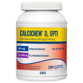 CALCICHEW D3 OPTI MANSIKKA-MELONI 500 mg/25 mikrog PURUTABLETTI 100 kpl
