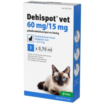 DEHISPOT VET 60/15 mg PAIKALLISVALELULIUOS KISSALLE YLI 2,5-5 KG 0,7 ml