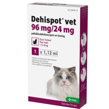 DEHISPOT VET 96/24 mg PAIKALLISVALELULIUOS KISSALLE YLI 5-8 KG 1,12 ML
