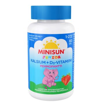 MINISUN PEHMOFANTTI JUNIOR KALSIUM+D-VITAMIINI MANSIKKA 60 KPL