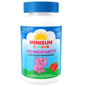 MINISUN PEHMOFANTTI JUNIOR KALSIUM+D-VITAMIINI MANSIKKA 120 KPL