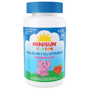 MINISUN PEHMOFANTTI JUNIOR KALSIUM+D-VITAMIINI MANSIKKA 120 KPL