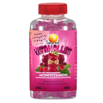 Sana-Sol vitanallet vadelma monivitamiini sairaalaklovnit 200 kpl | Monivitamiini