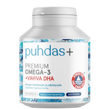 PUHDAS+ PREMIUM OMEGA-3 +VAHVA DHA KAPS 50 kpl