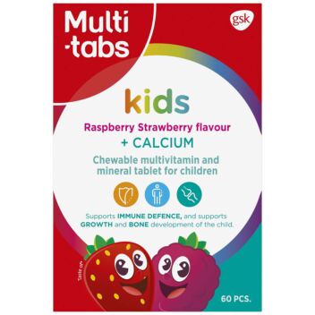 Multi-tabs kids + kalsium vadelma-mansikka 60 kpl monivitamiini- ja hivenainevalmiste lapsille | Monivitamiinit