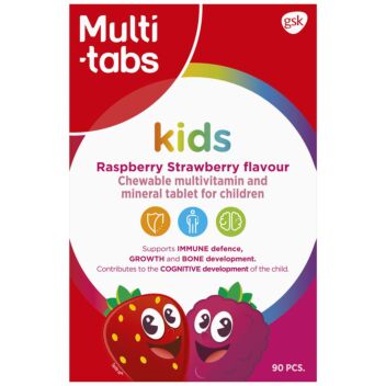 Multi-tabs Kids vadelma-mansikka 90 kpl monivitamiini- ja kivennäisainetabletti lapsille | Monivitamiinit